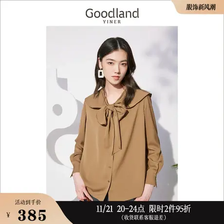 Goodland美地女装秋季时尚长袖宽松海军领上衣蝴蝶结衬衫商品大图