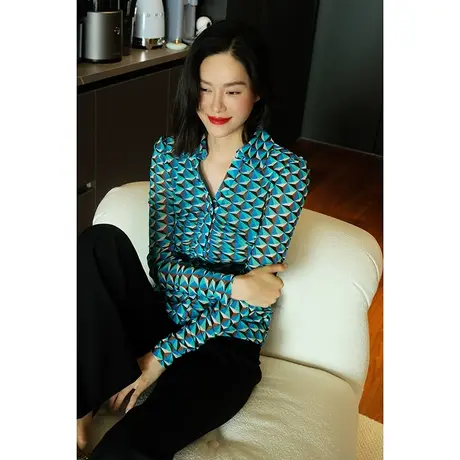 23秋冬春夏新款女装网纱双层百搭亲肤微透红棕菱格纹女士衬衣上衣图片