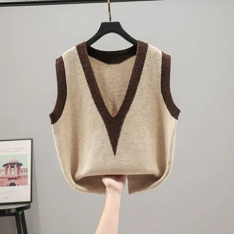 22092新品韩版宽松V领拼色套头针织衫无袖马甲背心女内搭毛衣图片