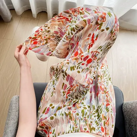 碎花雪纺褶皱阔腿裤女夏季薄款设计感冰丝百褶高腰显瘦拖地休闲裤商品大图