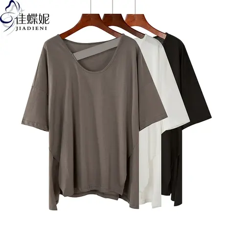 夏季新款韩版纯棉宽松中长款不规则圆领纯色短袖体恤上衣休闲女装商品大图