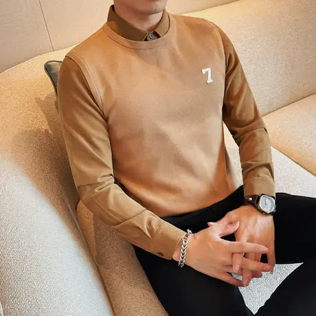 秋冬季假两件毛衣男潮流韩版修身衬衫领打底针织衫潮牌毛线衣体恤商品大图