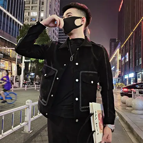 秋季男士夹克外套个性上衣修身网红明线时尚机车休闲潮牌百搭潮流商品大图