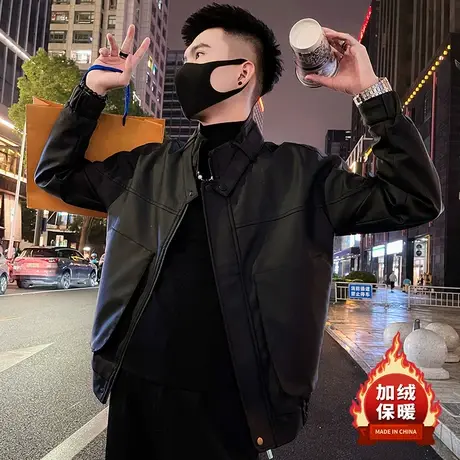 纯色设计感潮牌加绒保暖皮衣外套男冬季新款宽松痞帅机车服皮夹克图片