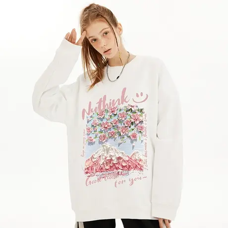 Nuthink国潮港风樱花雪山圆领卫衣男潮牌ins宽松无帽情侣装上衣潮商品大图