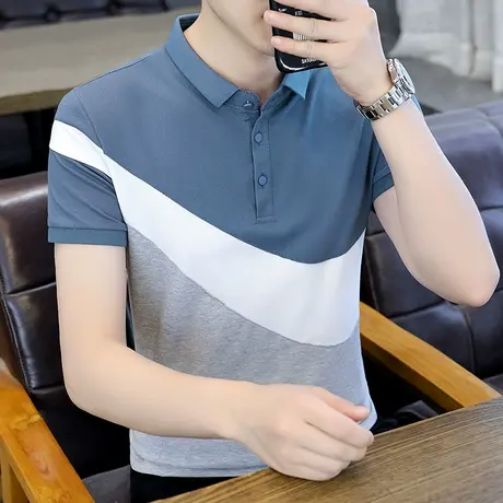 短袖POLO衫男夏装薄款上衣拼接T恤潮流半袖夏季翻领汗衫简约男装商品大图