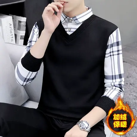 假两件毛衣男士秋冬季潮流加绒加厚保暖打底衬衫领针织上衣服带领商品大图