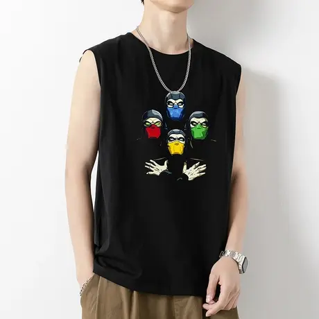 纯棉背心男潮夏季宽松运动健身跨栏坎肩篮球黑色宽肩无袖t恤外穿商品大图