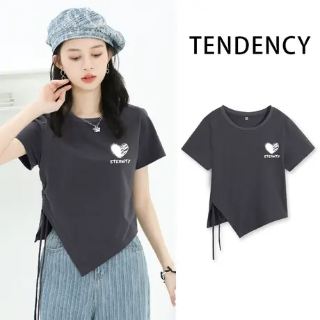 ZR真维斯灰色短袖t恤女2023夏修身显瘦气质辣妹抽绳短款t恤不规则商品大图