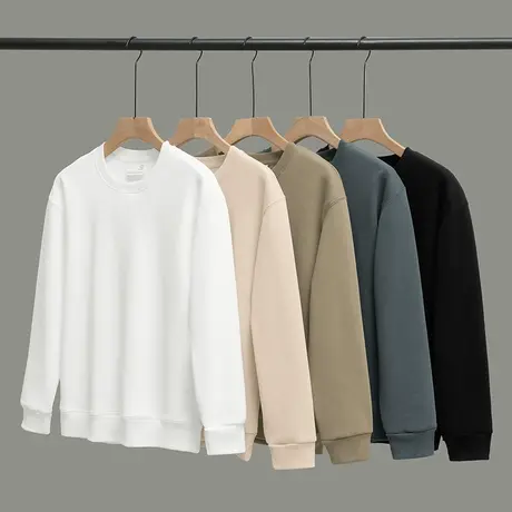 320g重磅卫衣男春秋冬保暖加绒加厚纯色白色圆领无帽套头长袖t恤商品大图