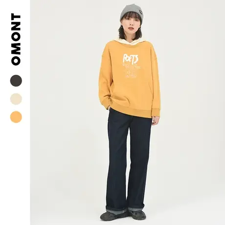 omont蛋挞家 复古印花连帽加绒卫衣女学生假两件上衣加厚秋冬新款商品大图