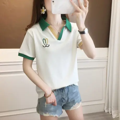 正肩冰丝polo领短袖t恤女2023新款夏季宽松高腰小个子半袖上衣潮图片