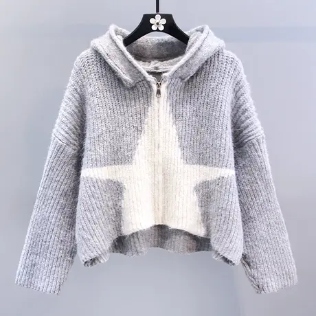 复古慵懒风星星连帽毛衣外套女秋冬2023新款宽松高级感针织开衫图片