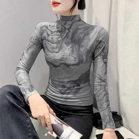 性感半高频T恤女长袖时尚减龄扎染印花网纱上衣洋气修身打底衫ins商品大图