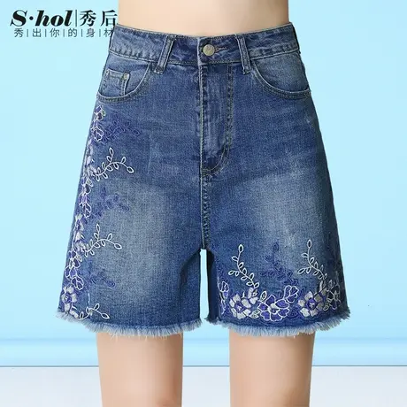 夏季薄款高腰牛仔五分裤女宽松大码胖MM显瘦中裤弹力时尚绣花短裤商品大图