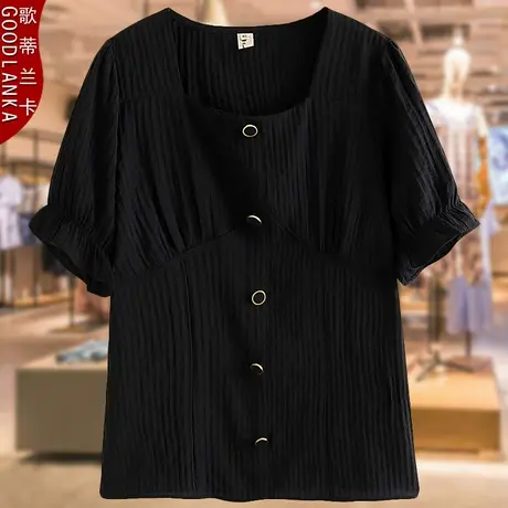 大码夏装200斤法式方领上衣女洋气时尚年轻妈妈小衫短袖套头衬衫图片