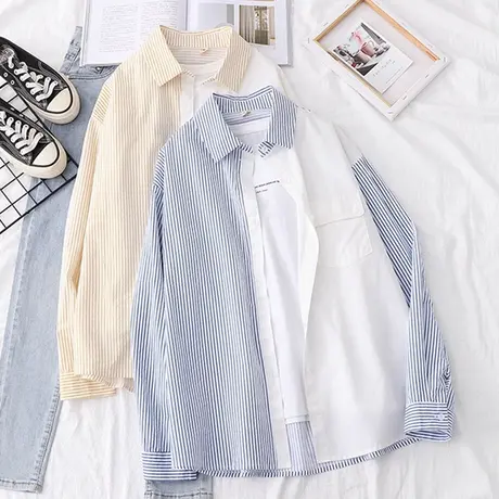 2021春秋装新款条纹撞色拼接长袖衬衫女韩版宽松文艺叠穿上衣外套图片