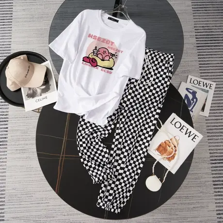 纯棉港风运动服套装跑步女夏季薄款宽松短袖长裤小个子休闲两件套商品大图