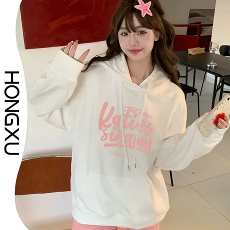 红续加厚加绒白色连帽抽绳卫衣潮甜美小众设计感印花上衣显瘦百搭图片