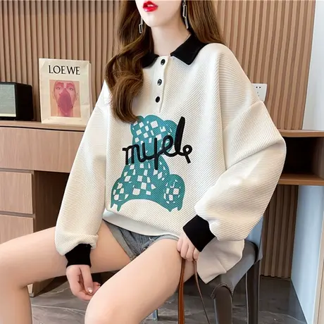 翻领polo衫卫衣女春秋韩版宽松bf慵懒风薄款小个子假两件上衣外套图片