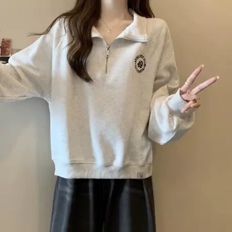 ins超火重工刺绣薄款卫衣女春秋宽松设计感小众半拉链POLO领上衣图片