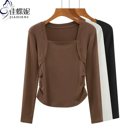 秋冬新款韩版方领褶皱纯欲小心机纯色纯棉修身长袖体恤上衣内搭女商品大图