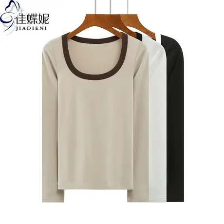 秋冬韩版圆领纯色U领修身纯棉显瘦长袖体恤上衣内搭女打底衫T恤商品大图