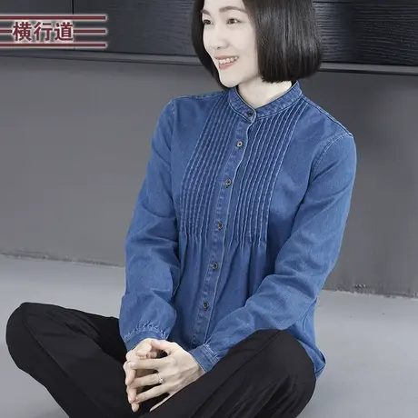 2024春季新款复古蓝立领打褶宽松长袖牛仔衬衫女韩版休闲夹克上衣图片