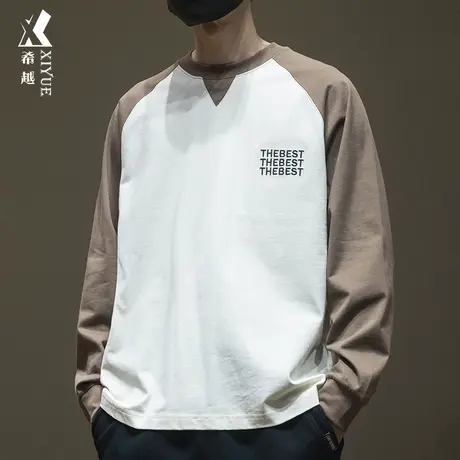 希越拼接撞色重磅260g长袖t恤男刺绣单衣春秋宽松大码圆领打底衫商品大图