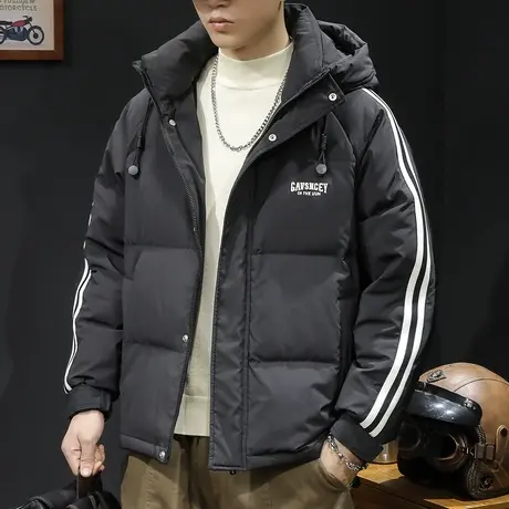 鸭绒羽绒服男冬季2023新款潮牌大码男士连帽外套条纹字母刺绣爆款商品大图