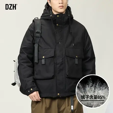 男士黑色短款工装羽绒服男冬季2024新款连帽外套潮牌保暖羽绒夹克图片