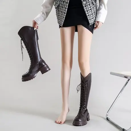 厚底长筒靴女2023年春秋季新款超火小众法式瘦瘦靴粗跟v口骑士靴图片