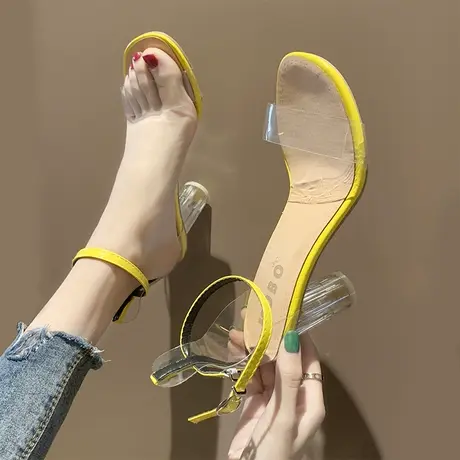 网红高跟鞋女夏2022新款韩版百搭一字带粗跟透明水晶凉鞋女仙女风商品大图
