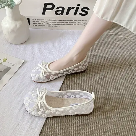 夏季浅口女鞋蕾丝单鞋软底舒适孕妇鞋子一脚蹬网面豆豆鞋平底瓢鞋图片