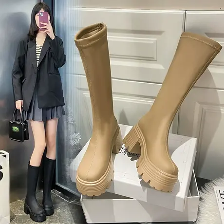 复古长靴子女2023秋冬季新款高筒靴骑士靴爆款高跟粗跟厚底长筒靴商品大图