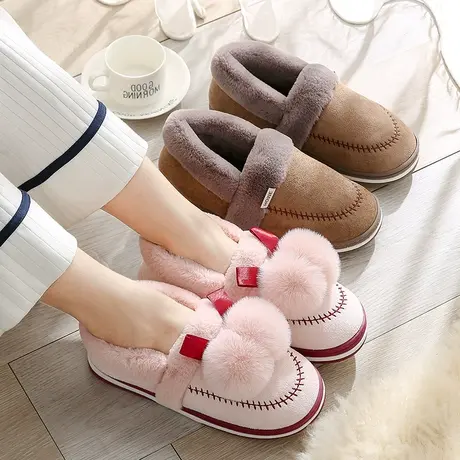 棉拖鞋女包跟可爱双球秋冬天毛绒保暖家居家用室内情侣防滑月子鞋商品大图