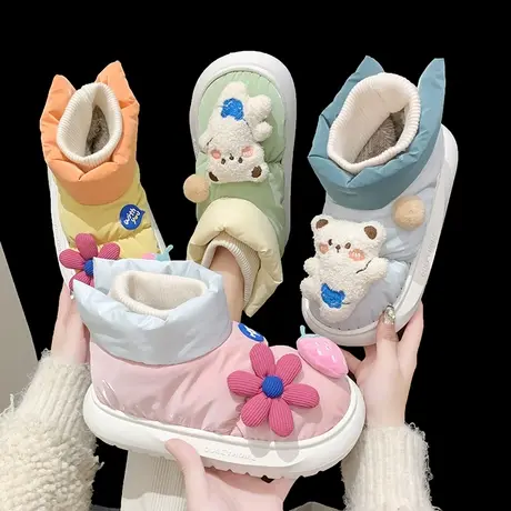 2024冬季新款少女心加绒保暖雪地靴室内厚底居家防滑外穿包跟棉鞋商品大图