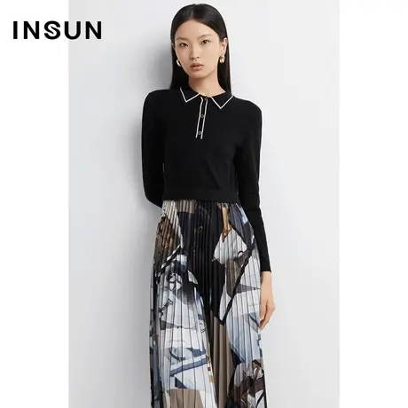 INSUN恩裳线上专选秋季POLO毛衫压褶假两件连衣裙图片