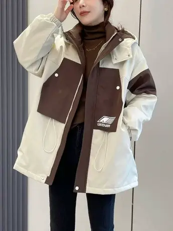 撞色拼接加棉工装外套女2023秋季新款休闲宽松风衣连帽棉服冲锋衣商品大图