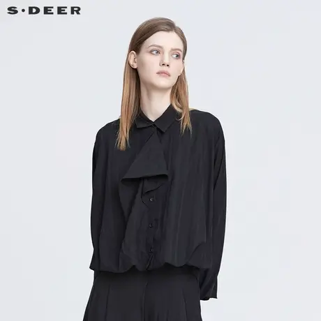 sdeer圣迪奥2022春季新款通勤风翻领暗条纹长袖衬衫女S22180501图片