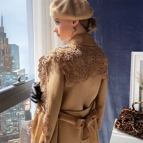 粉红大布娃娃毛呢外套女冬蕾丝拼接双面呢羊毛大衣中长款商品大图