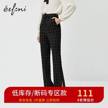 伊芙丽2020春新款裤子女宽松直筒黑色高腰格子休闲裤女1B2950381商品大图