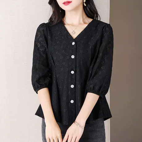 伊自尚微胖mmV领蕾丝衬衫法式上衣大码女装显瘦新款夏季空调衫女商品大图