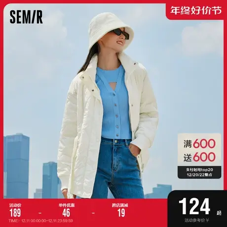 森马棉服女中长款收腰立领气质2023冬季上衣菱形格薄棉衣宽松优雅图片