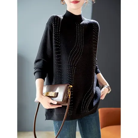 宝诗黎半高领烫钻宽松针织衫女落肩长袖内搭套头毛衣2024春季新款商品大图
