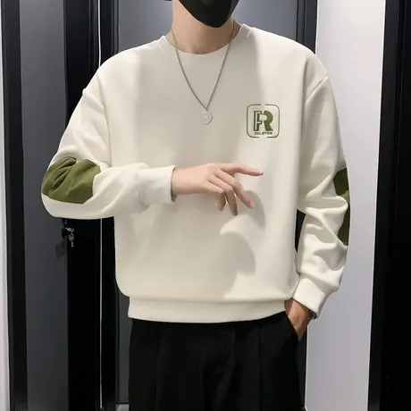 2023春装时尚休闲加绒加厚拼色长袖T恤保暖学生打底衫男卫衣外套商品大图