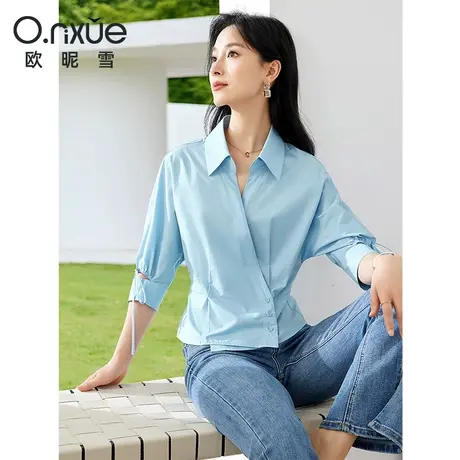 欧昵雪2024春季新款时尚翻领围裹式衬衫女七分袖显瘦衬衣小众上衣图片