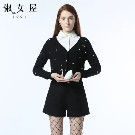 淑女屋针织衫外套女春秋新款修身微弹黑底白珍珠钉珠V领开衫毛衣图片