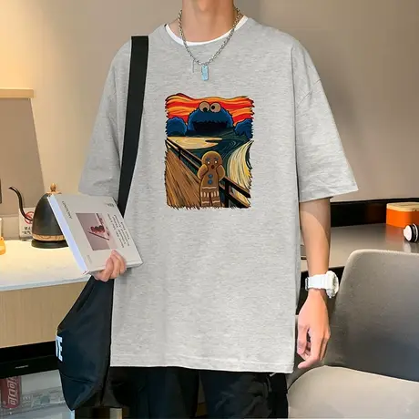 纯棉宽松短袖t恤男潮流港风夏季半袖潮牌薄款情侣印花打底衫体恤商品大图