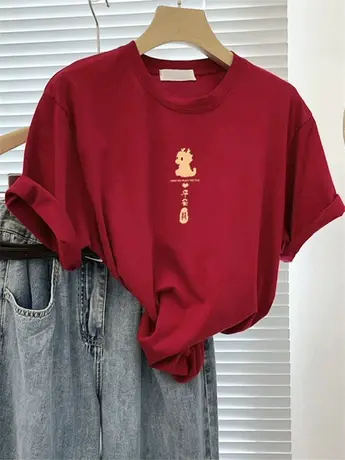 新年复古红色t恤女2024龙年新款圆领短袖纯棉正肩上衣中国风体恤商品大图